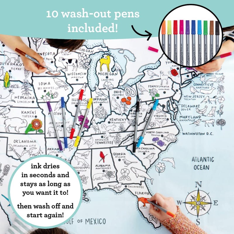 eatsleepdoodle Coloring US Map Tablecloth for Kids â€“ Reusable Washable Activity Table Cover with 10pcs Washable Markers, Fun Arts & Crafts for Boys & Girls, Activity Blanket for Parties, Birthdays - Image 2